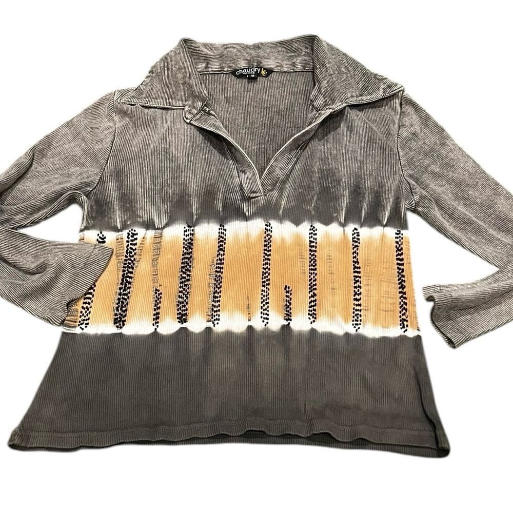 Chaudry Corduroy Grunge Beaded Embellished Long Sleeve Top Medium